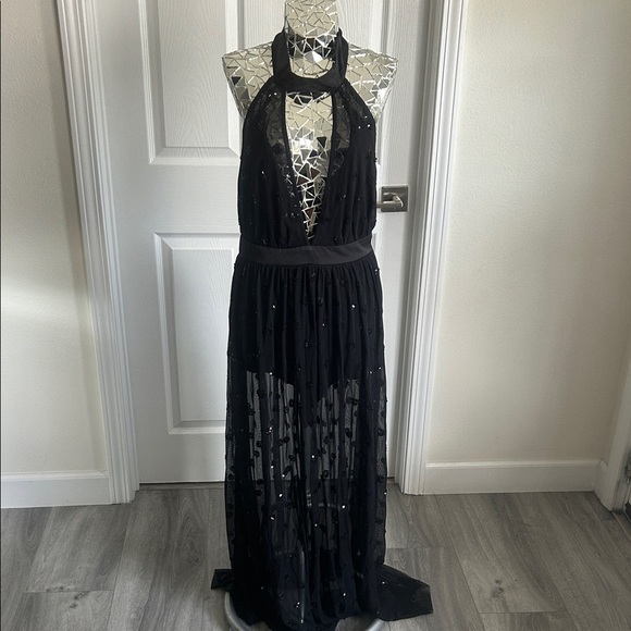 Free People Intimately Body Mesh Sexy Black Halter Maxi Low V Neck Halter Dress - Picture 1 of 14